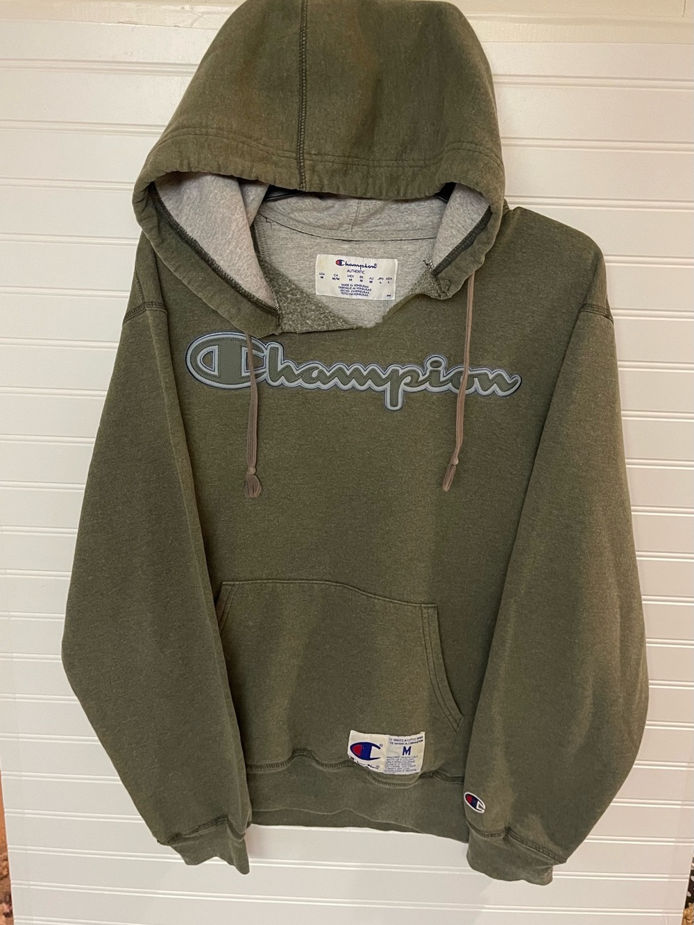 Champion Power Blend Graphic Fleece Pullover Hoodie Gray/Green Blue Size Medium